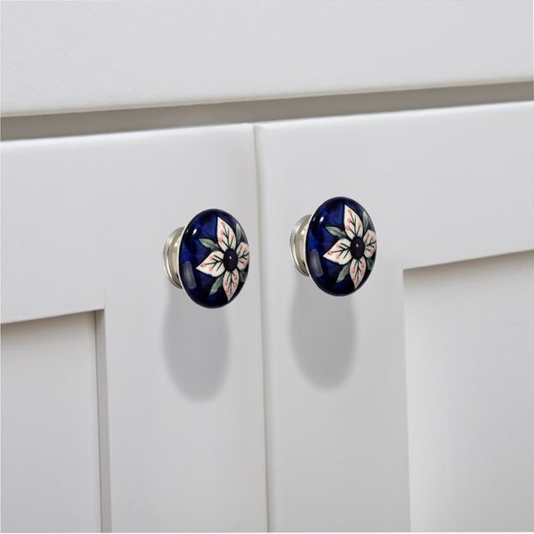 Flowered Flat 1-7/9 in. (45mm) Blue & Multicolor Cabinet Knob