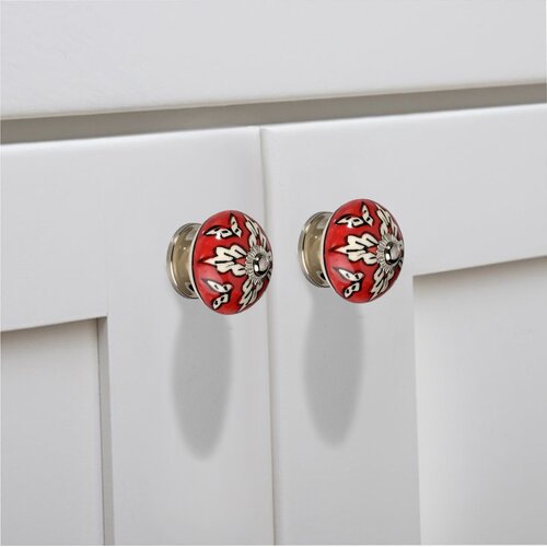 Mascot Hardware Leaf On Red 1-3/5 in. (40mm) White & Red Drawer Cabinet Knob