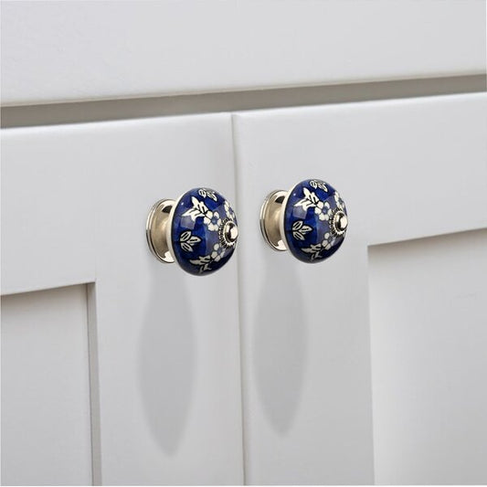 Floral  1-3/5 in. (41mm) Blue & White Cabinet Knob (Pack of 5)