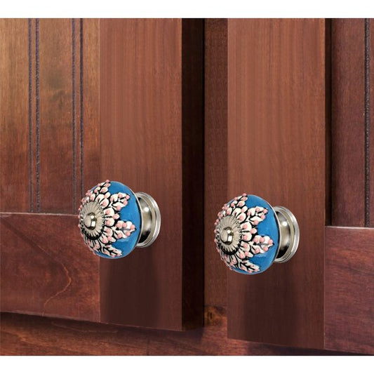 Flowers 1-3/5 in. Blue & Cream Cabinet Knob (Pack of 5)