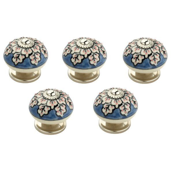 Flowers 1-3/5 in. Blue & Cream Cabinet Knob (Pack of 5)