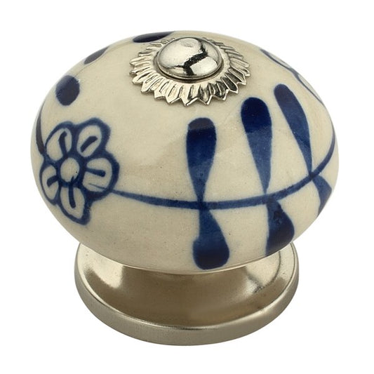 Flowered Elegant 1-3/5 in. (41mm) Blue & Cream Cabinet Knob