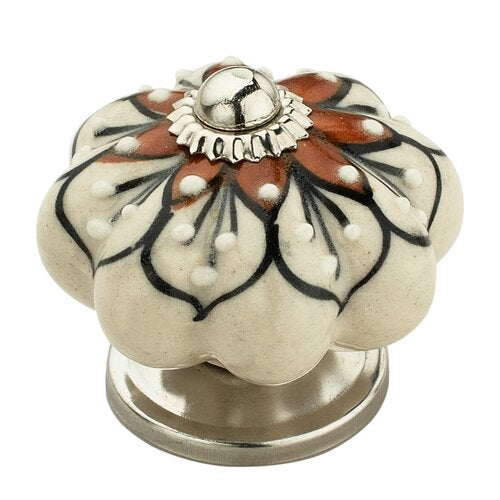 Red Flowered  1-7/10 in. (43mm) Cream & Brown Cabinet Knob