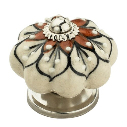 Red Flowered  1-7/10 in. (43mm) Cream & Brown Cabinet Knob