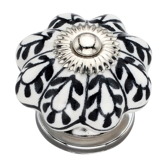 Black 1-3/5 in. Flower on White Melon Cabinet Knob