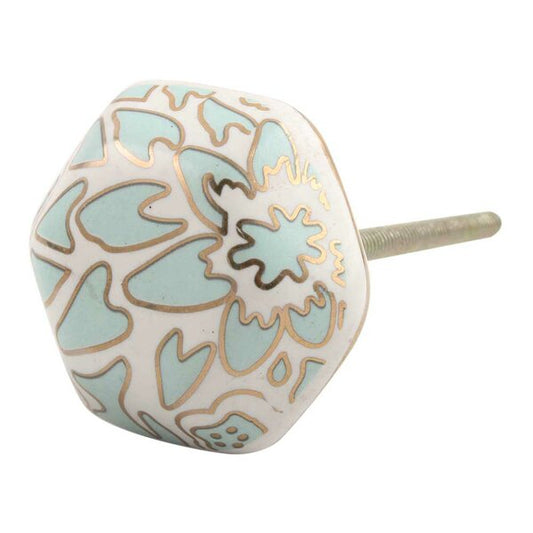 Ceramic Hexagon 1-2/3 in. Aqua & Gold Cabinet Knob