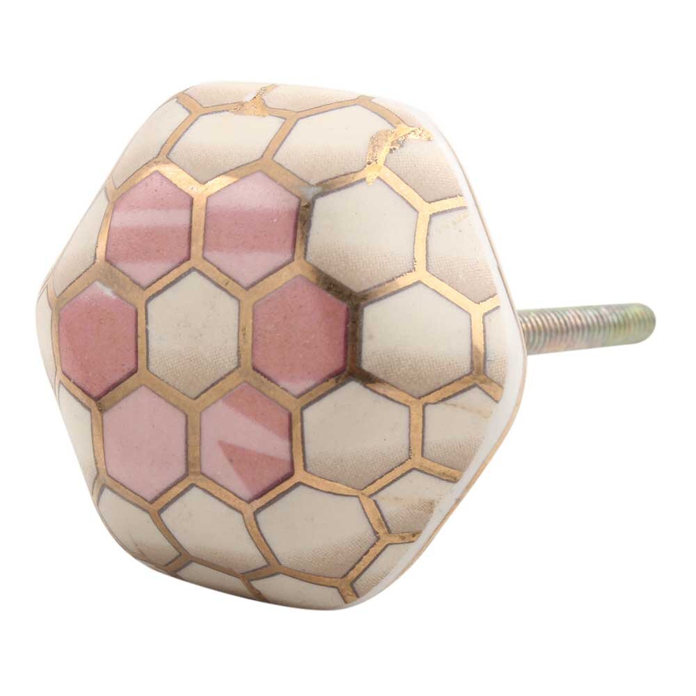 Mascot Hardware Ceramic Hexagon 1-2/3 in. Pink & Gold Drawer Cabinet Knob