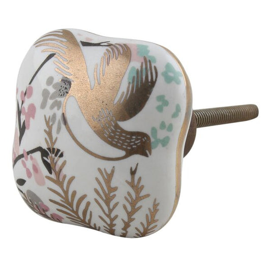 Ceramic Square 1-4/7 in. White & Gold Cabinet Knob
