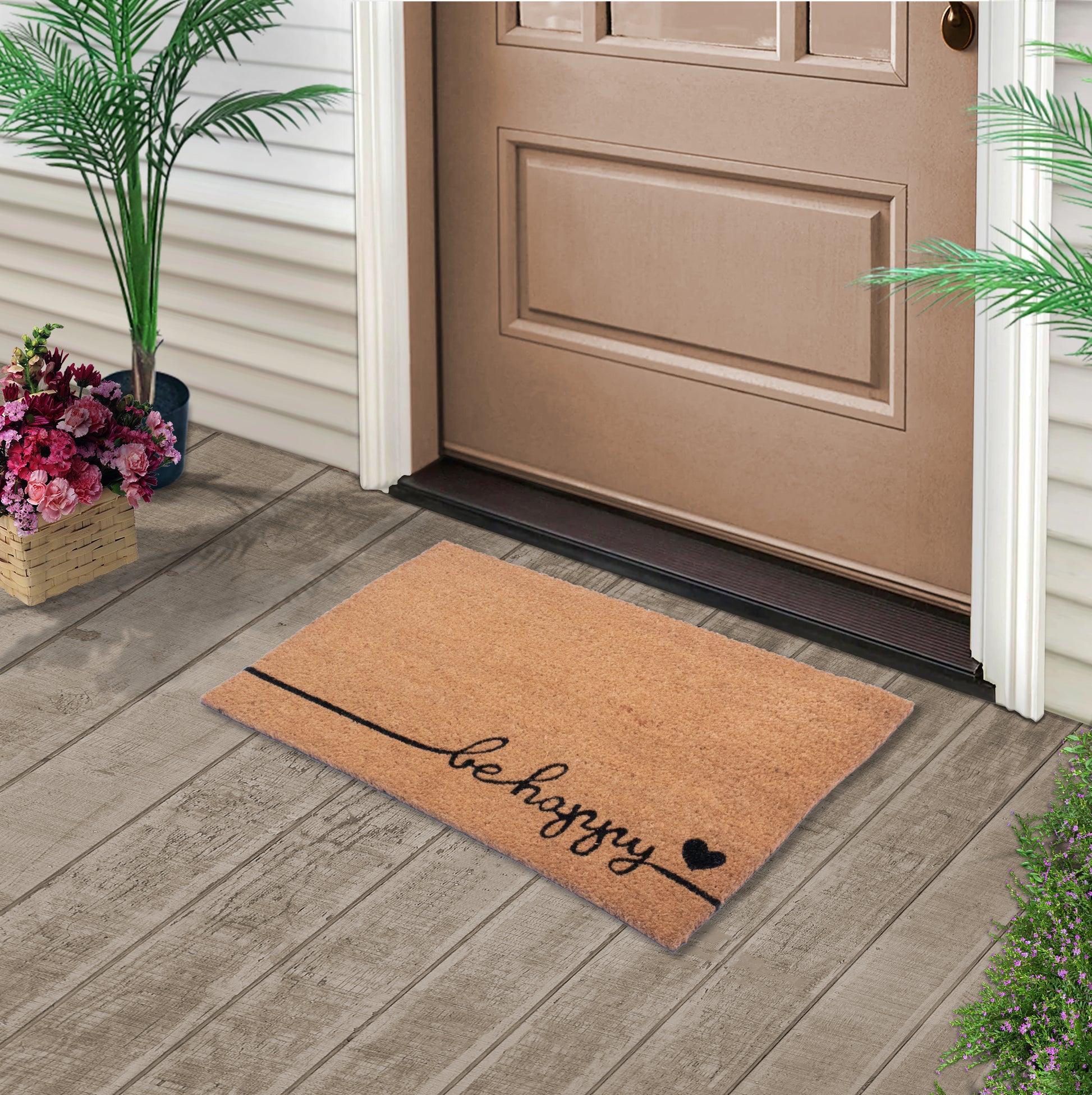 Hello Natural Coir Doormat with Non-Slip Backing - Beige/Khaki