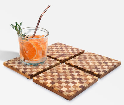 Mascot Hardware Beautiful Square Checkered Wood Coaster Set of 4